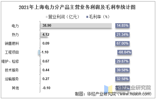 2021年上海电力分产品主营业务利润及毛利率统计图