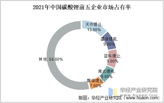 2021年中国碳酸锂前五企业市场占有率