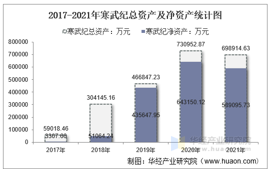 2017-2021年寒武纪总资产及净资产统计图