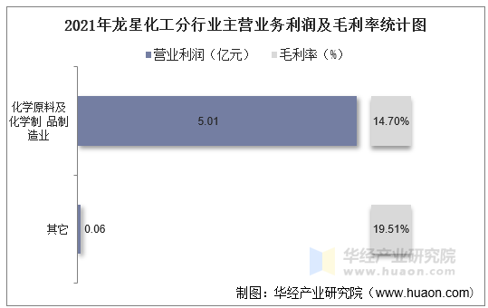 2021年龙星化工分行业主营业务利润及毛利率统计图