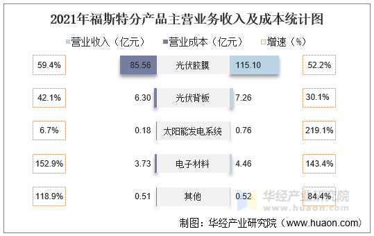 2021年福斯特分产品主营业务收入及成本统计图