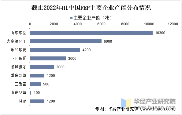 截止2022年H1中国FEP主要企业产能分布情况