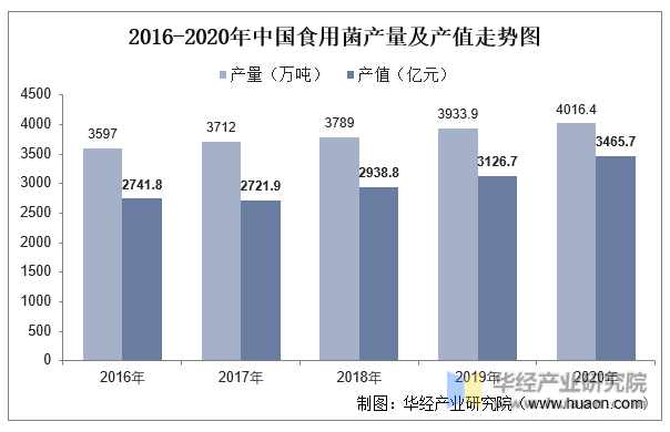 2016-2020年中国食用菌产量及产值走势图