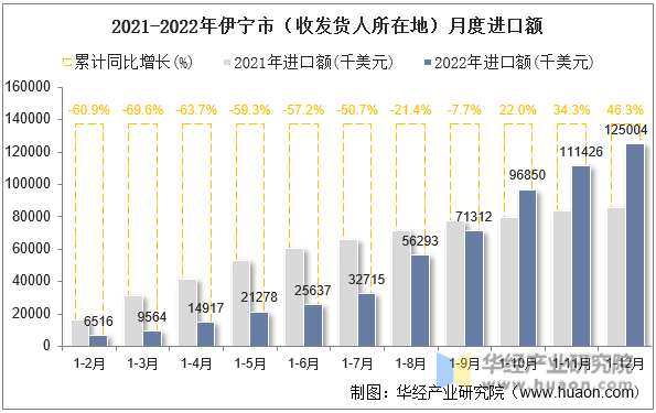 2021-2022年伊宁市（收发货人所在地）月度进口额