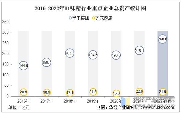 2016-2022年H1味精行业重点企业总资产统计图