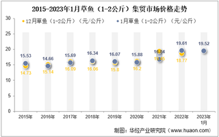 2023年1月草鱼（1-2公斤）集贸市场价格当期值为19.52元/公斤，环比增长4%，同比下降0.5%