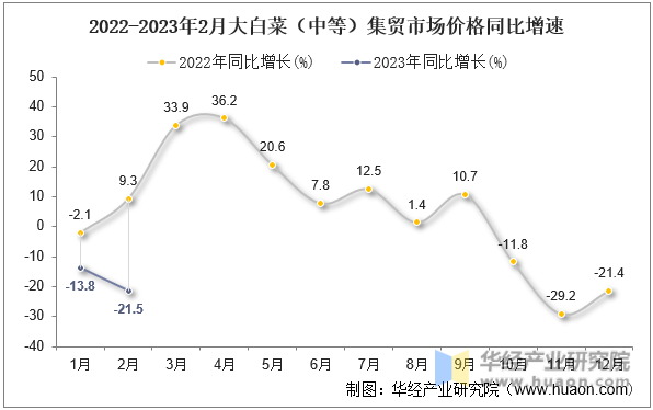 2022-2023年2月大白菜（中等）集贸市场价格同比增速