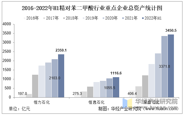 2016-2022年H1精对苯二甲酸行业重点企业总资产统计图