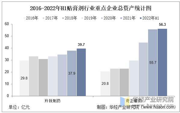 2016-2022年H1贴膏剂行业重点企业总资产统计图