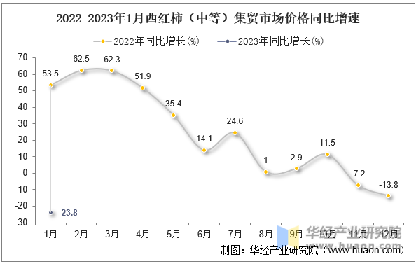 2022-2023年1月西红柿（中等）集贸市场价格同比增速