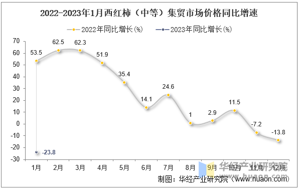 2022-2023年1月西红柿（中等）集贸市场价格同比增速