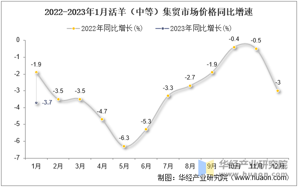 2022-2023年1月活羊（中等）集贸市场价格同比增速