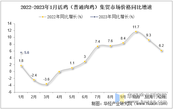 2022-2023年1月活鸡（普通肉鸡）集贸市场价格同比增速