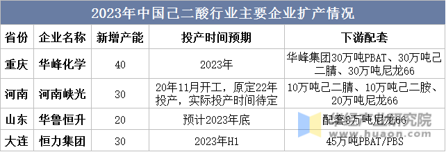 2023年中国己二酸行业主要企业扩产情况