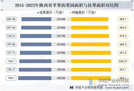 2015-2022年陕西省苹果的果园面积与挂果面积对比图