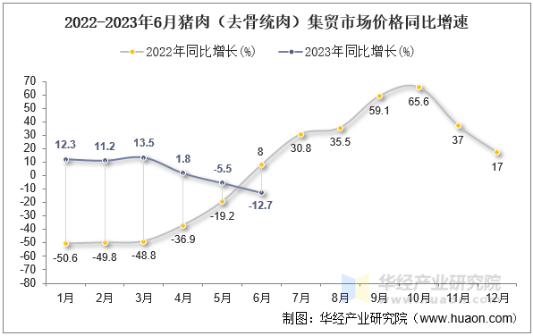 2022-2023年6月猪肉（去骨统肉）集贸市场价格同比增速