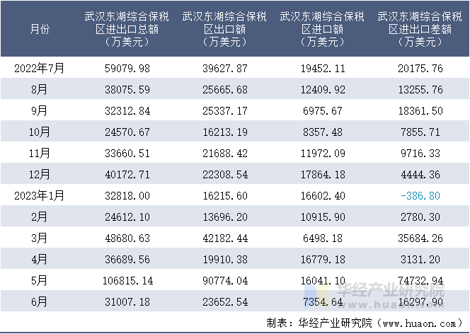 2022-2023年6月武汉东湖综合保税区进出口额月度情况统计表