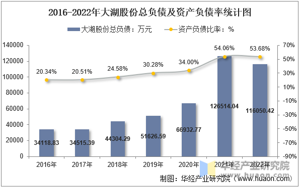 2016-2022年大湖股份总负债及资产负债率统计图