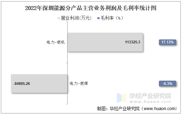 2022年深圳能源分产品主营业务利润及毛利率统计图