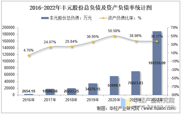 2016-2022年丰元股份总负债及资产负债率统计图