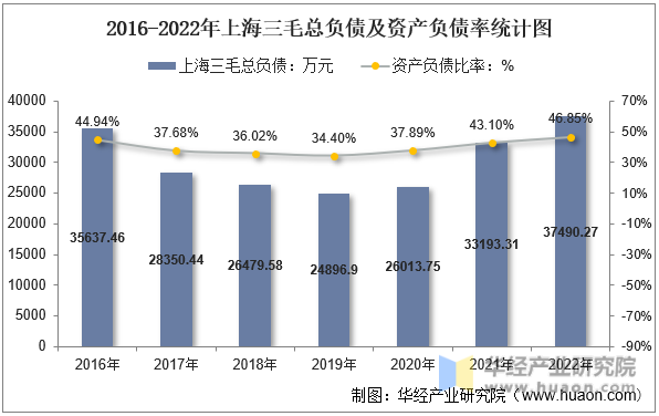 2016-2022年上海三毛总负债及资产负债率统计图