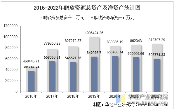 2016-2022年鹏欣资源总资产及净资产统计图