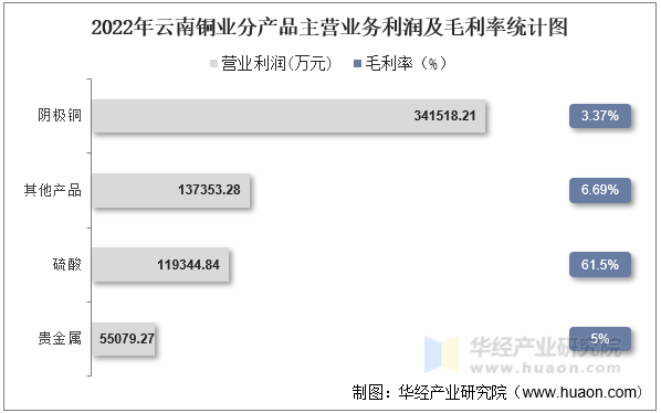 2022年云南铜业分产品主营业务利润及毛利率统计图