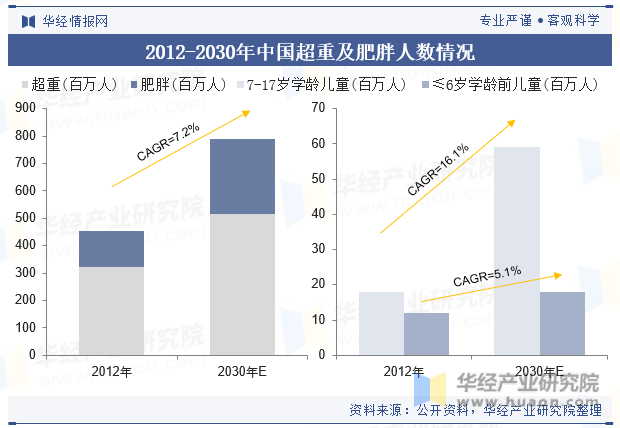 2012-2030年中国超重及肥胖人数情况