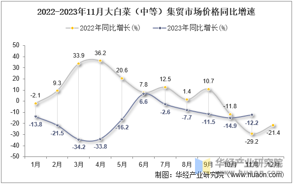 2022-2023年11月大白菜（中等）集贸市场价格同比增速