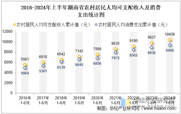 2016-2024年上半年湖南省农村居民人均可支配收入及消费支出统计图