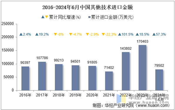 2016-2024年6月中国其他技术进口金额