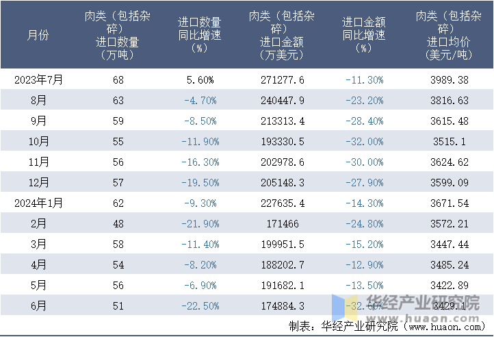 2023-2024年6月中国肉类（包括杂碎）进口情况统计表