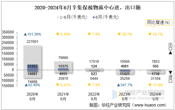 2020-2024年6月辛集保税物流中心进、出口额