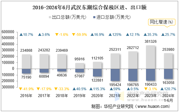 2016-2024年6月武汉东湖综合保税区进、出口额