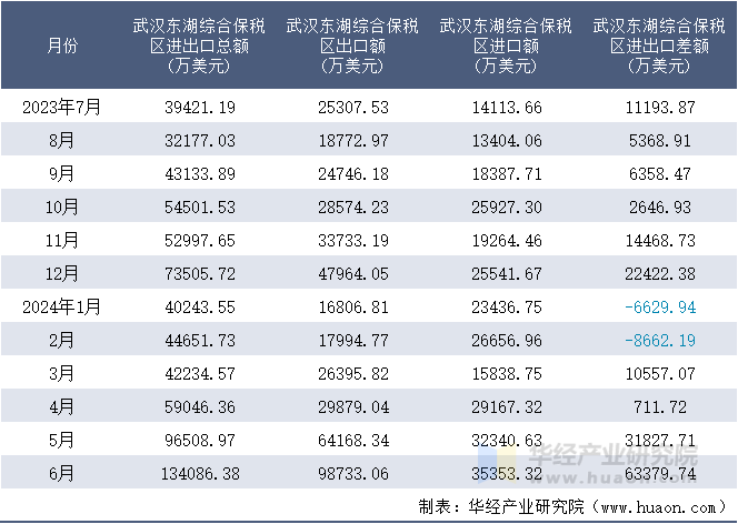 2023-2024年6月武汉东湖综合保税区进出口额月度情况统计表