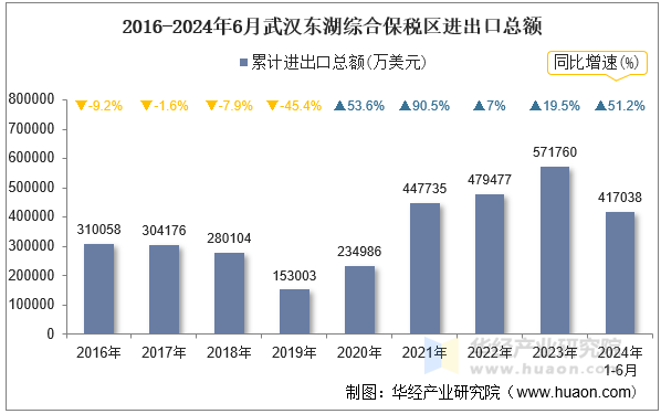 2016-2024年6月武汉东湖综合保税区进出口总额