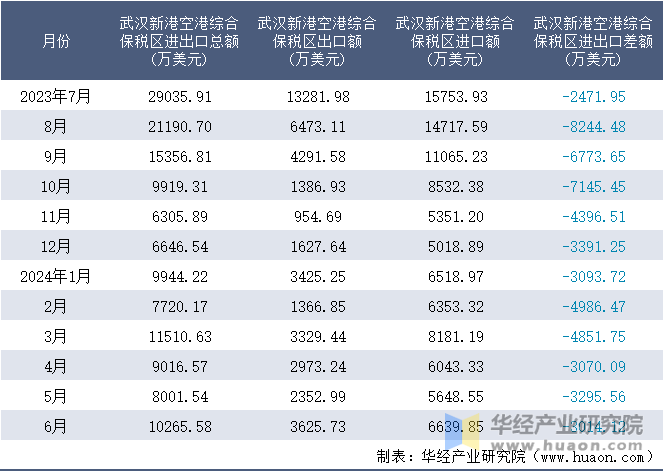 2023-2024年6月武汉新港空港综合保税区进出口额月度情况统计表