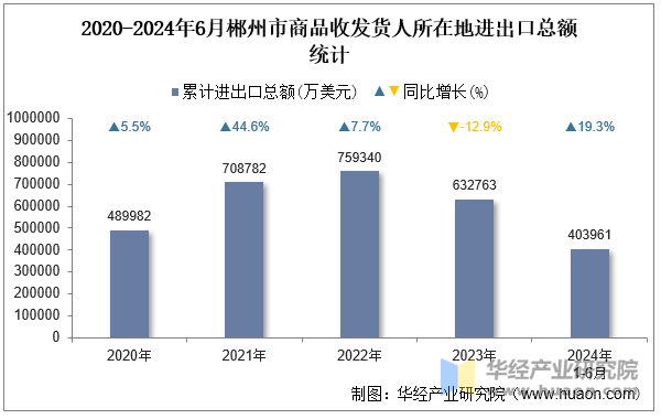 2020-2024年6月郴州市商品收发货人所在地进出口总额统计