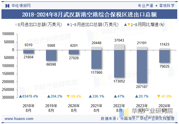 2018-2024年8月武汉新港空港综合保税区进出口总额