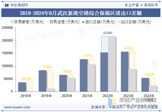 2018-2024年8月武汉新港空港综合保税区进出口差额