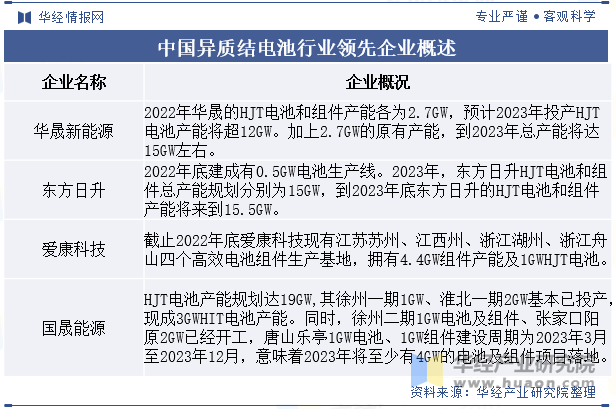 中国异质结电池行业领先企业概述