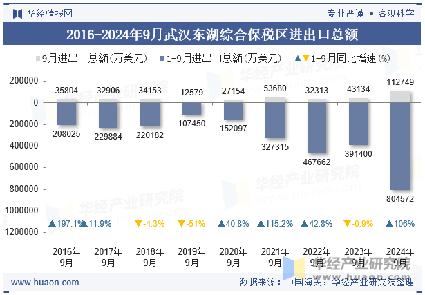 2016-2024年9月武汉东湖综合保税区进出口总额