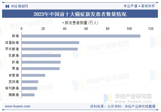 2023年中国前十大癌症新发患者数量情况