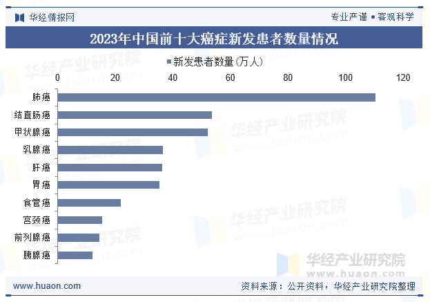 2023年中国前十大癌症新发患者数量情况