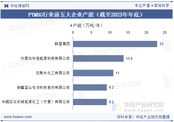 PTMEG行业前五大企业产能（截至2023年年底）