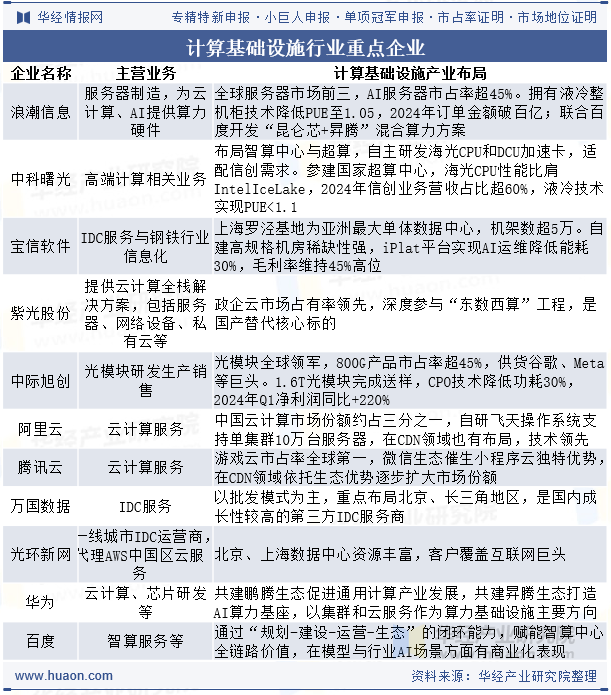 计算基础设施行业重点企业