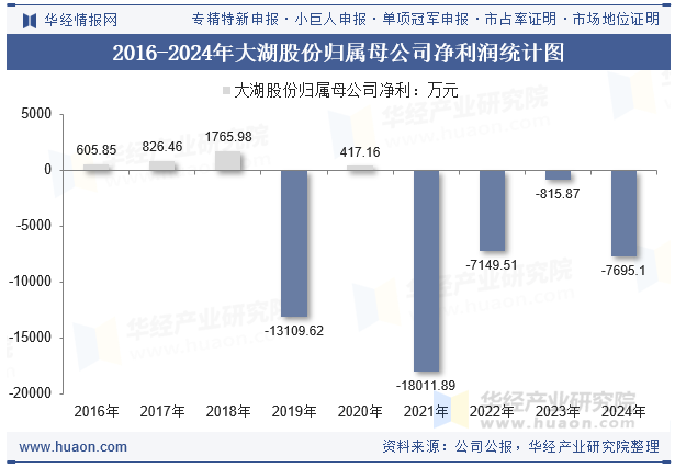 2016-2024年大湖股份归属母公司净利润统计图