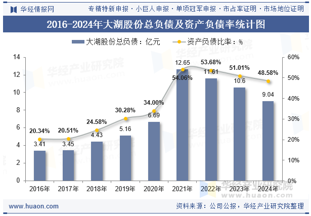 2016-2024年大湖股份总负债及资产负债率统计图