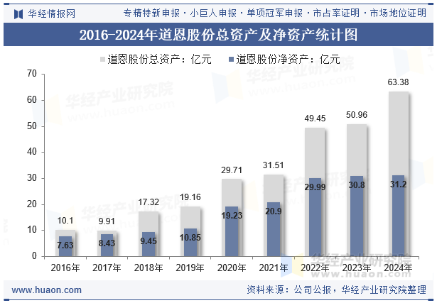 2016-2024年道恩股份总资产及净资产统计图