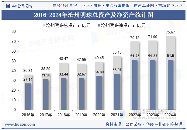 2016-2024年沧州明珠总资产及净资产统计图